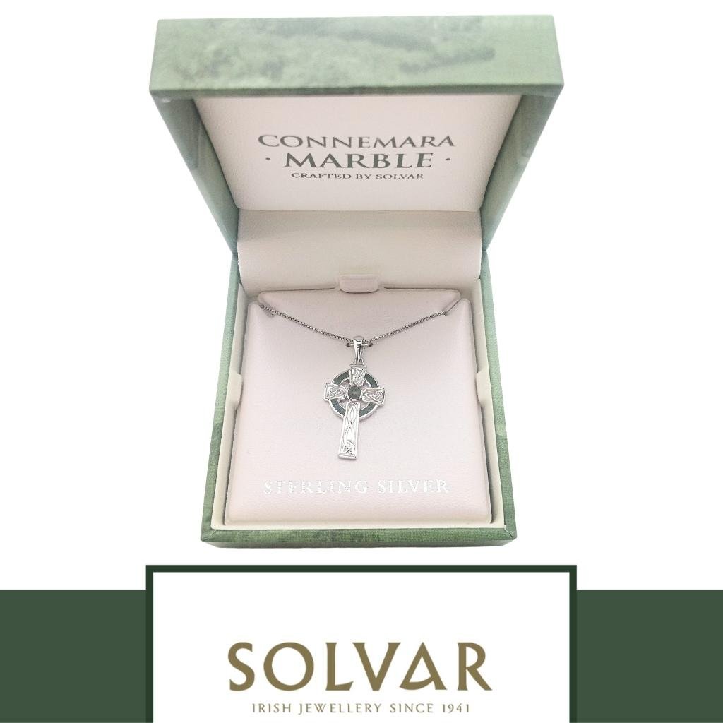 Sterling Silver and Connemara Marble Trinity Knot Celtic Cross- Small