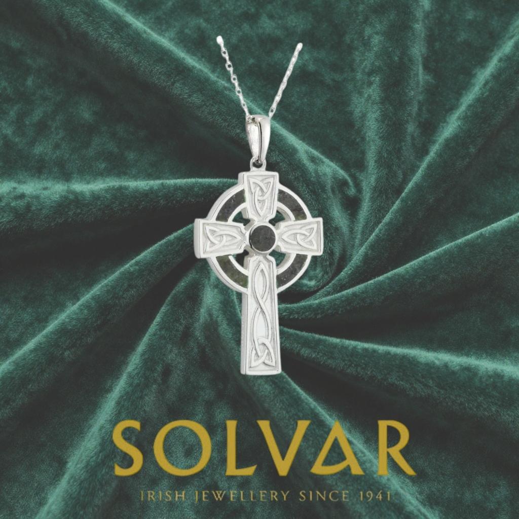 Sterling Silver and Connemara Marble Trinity Knot Celtic Cross- Small