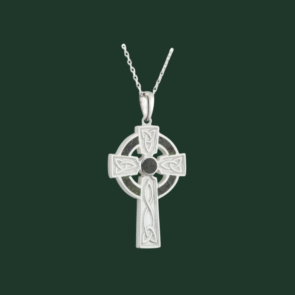 Sterling Silver and Connemara Marble Trinity Knot Celtic Cross - Small