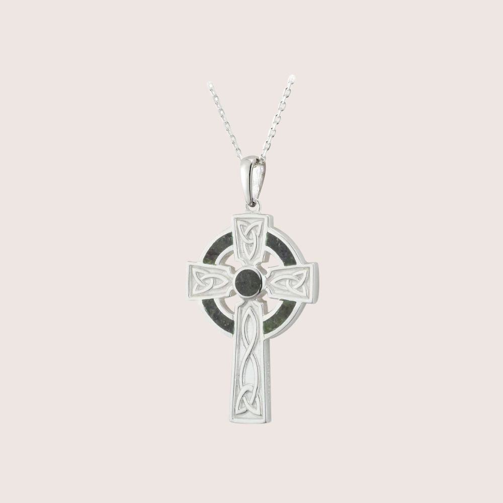 Sterling Silver and Connemara Marble Trinity Knot Celtic Cross - Small