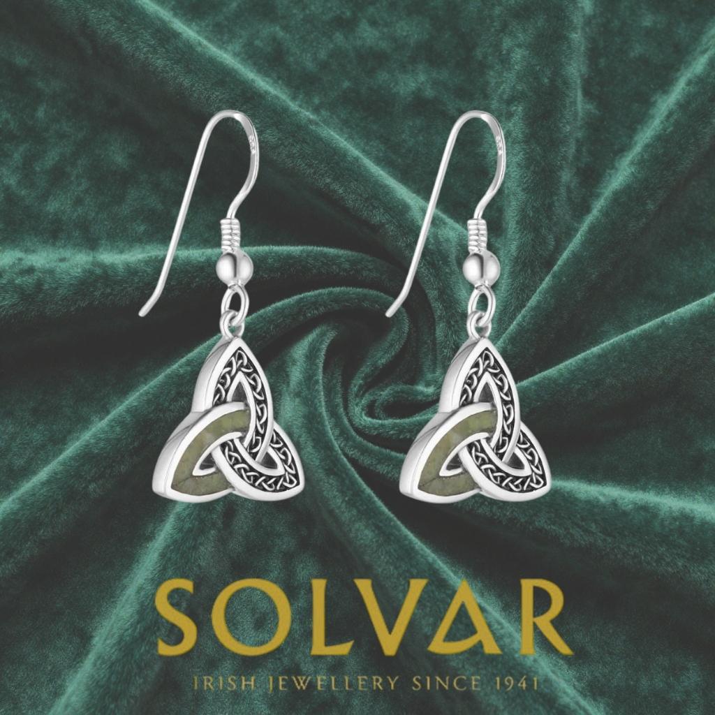 Sterling Silver and Connemara Marble Trinity Knot Drop Earrings