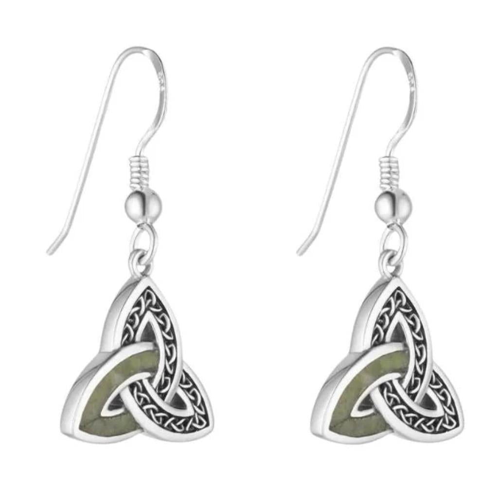 Sterling Silver and Connemara Marble Trinity Knot Drop Earrings