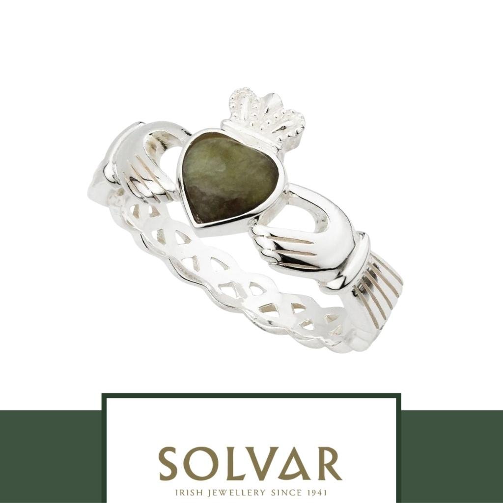 Sterling Silver and Connemara Marble Woven Claddagh Ring