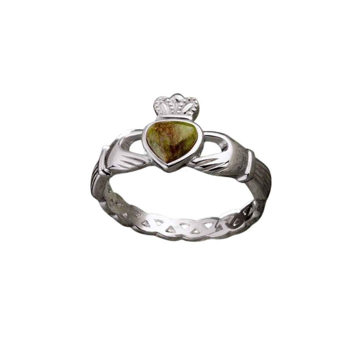 Sterling Silver and Connemara Marble Woven Claddagh Ring