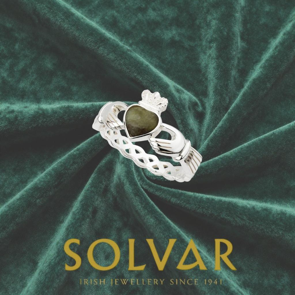 Sterling Silver and Connemara Marble Woven Claddagh Ring