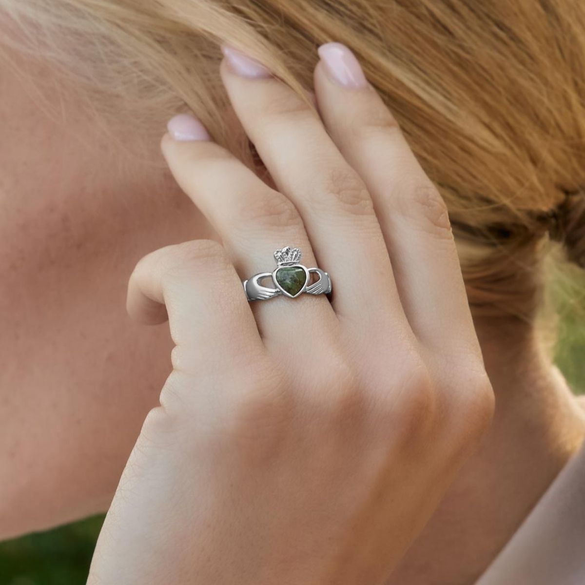 Sterling Silver and Connemara Marble Woven Claddagh Ring