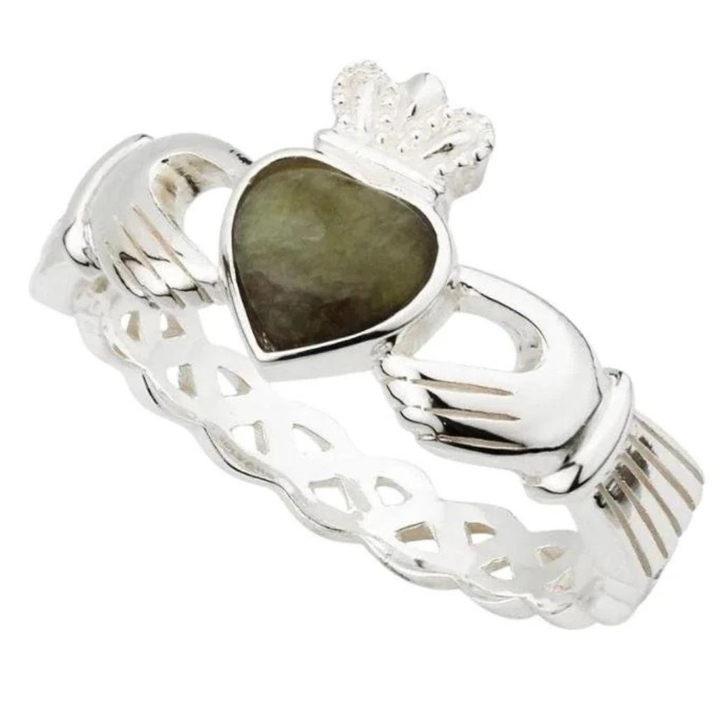 Sterling Silver and Connemara Marble Woven Claddagh Ring