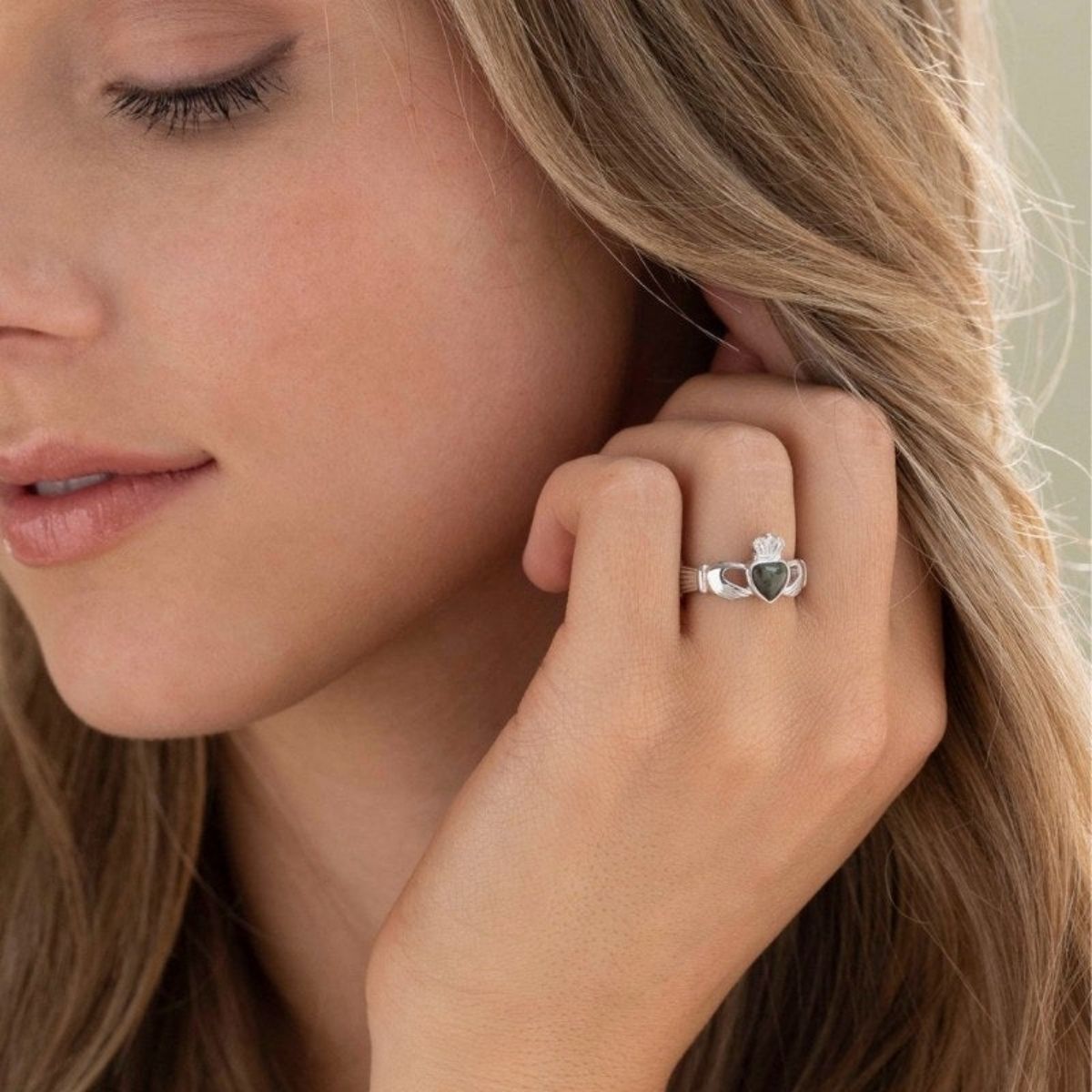 Sterling Silver and Connemara Marble Woven Claddagh Ring