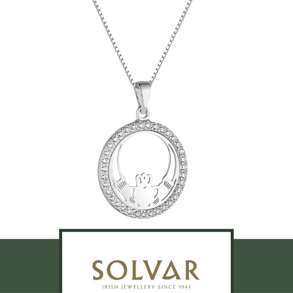 Sterling Silver And Cubic Zirconia Round Claddagh Necklace