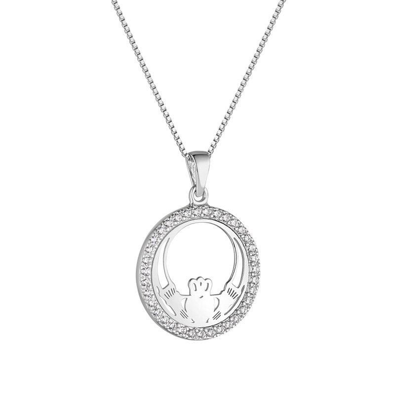 Sterling Silver and Cubic Zirconia Round Claddagh Necklace - The Celtic Gift Store - Necklaces