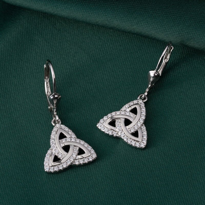 Sterling Silver and Cubic Zirconia Trinity Knot Drop Earrings - The Celtic Gift Store - Earrings