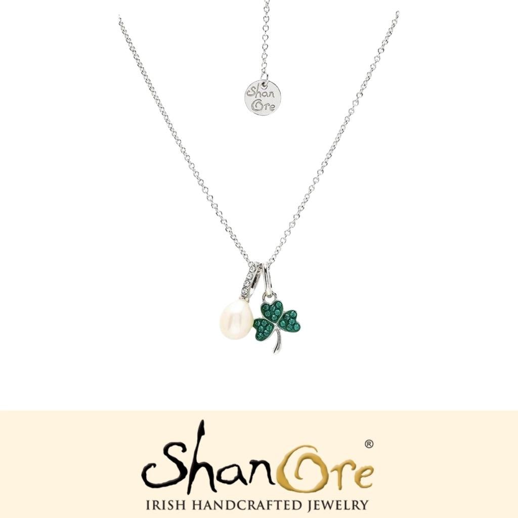 Sterling Silver and Freshwater Pearl Green Shamrock Necklace