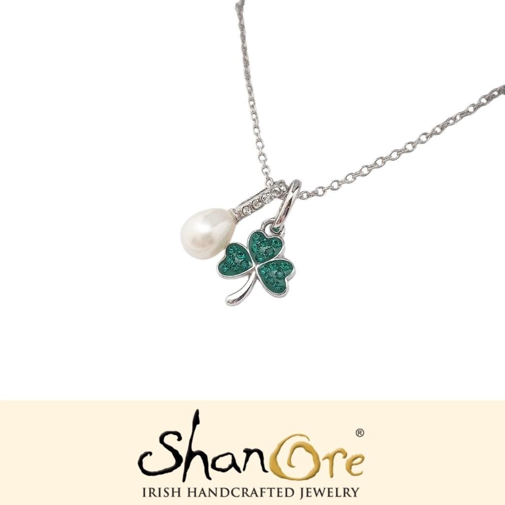 Sterling Silver and Freshwater Pearl Green Shamrock Necklace