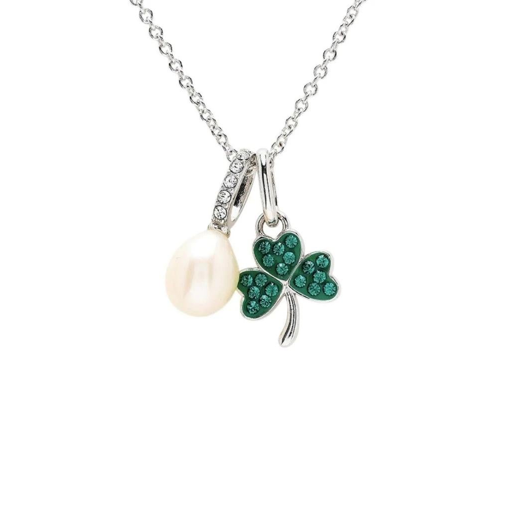 Sterling Silver and Freshwater Pearl Green Shamrock Necklace