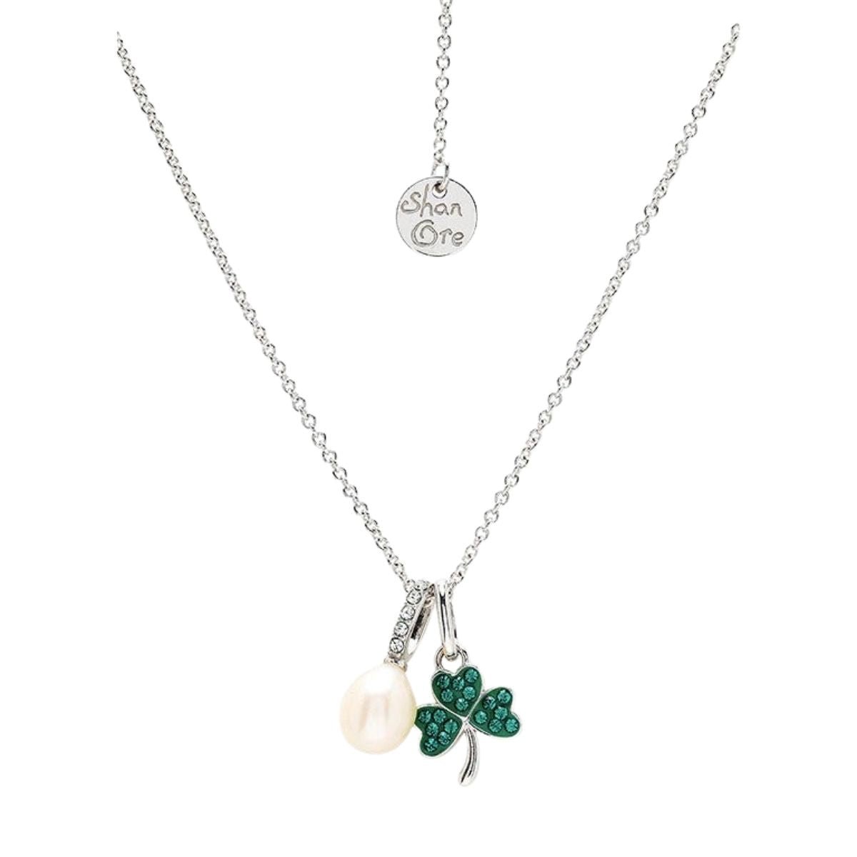 Sterling Silver and Freshwater Pearl Green Shamrock Necklace