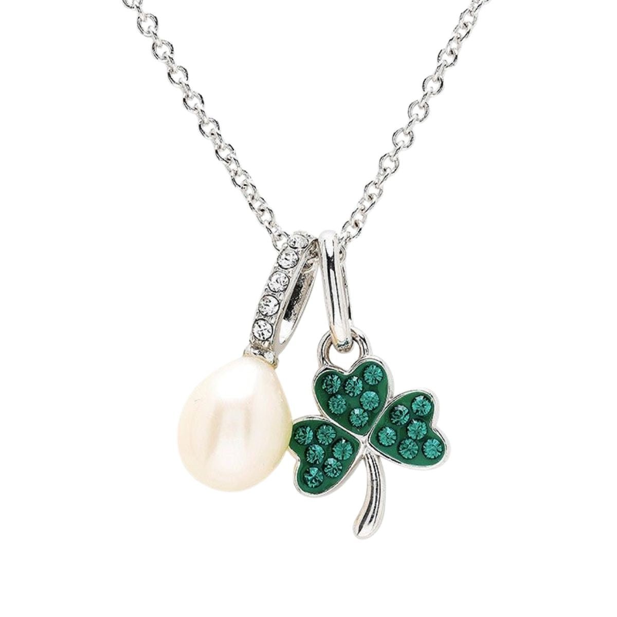 Sterling Silver and Freshwater Pearl Green Shamrock Necklace
