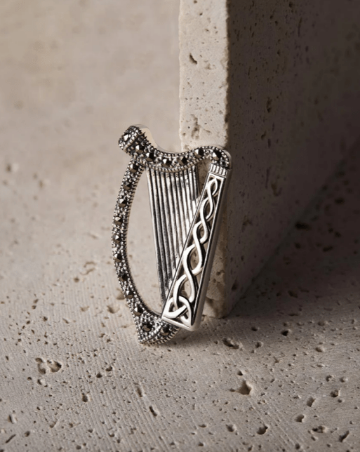 Sterling Silver and Marcasite Celtic Harp Brooch - The Celtic Gift Store - Jewelry