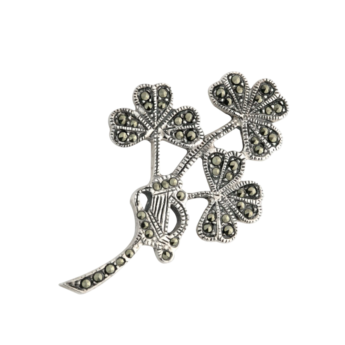 Sterling Silver and Marcasite Shamrock and Harp Brooch - The Celtic Gift Store - Jewelry