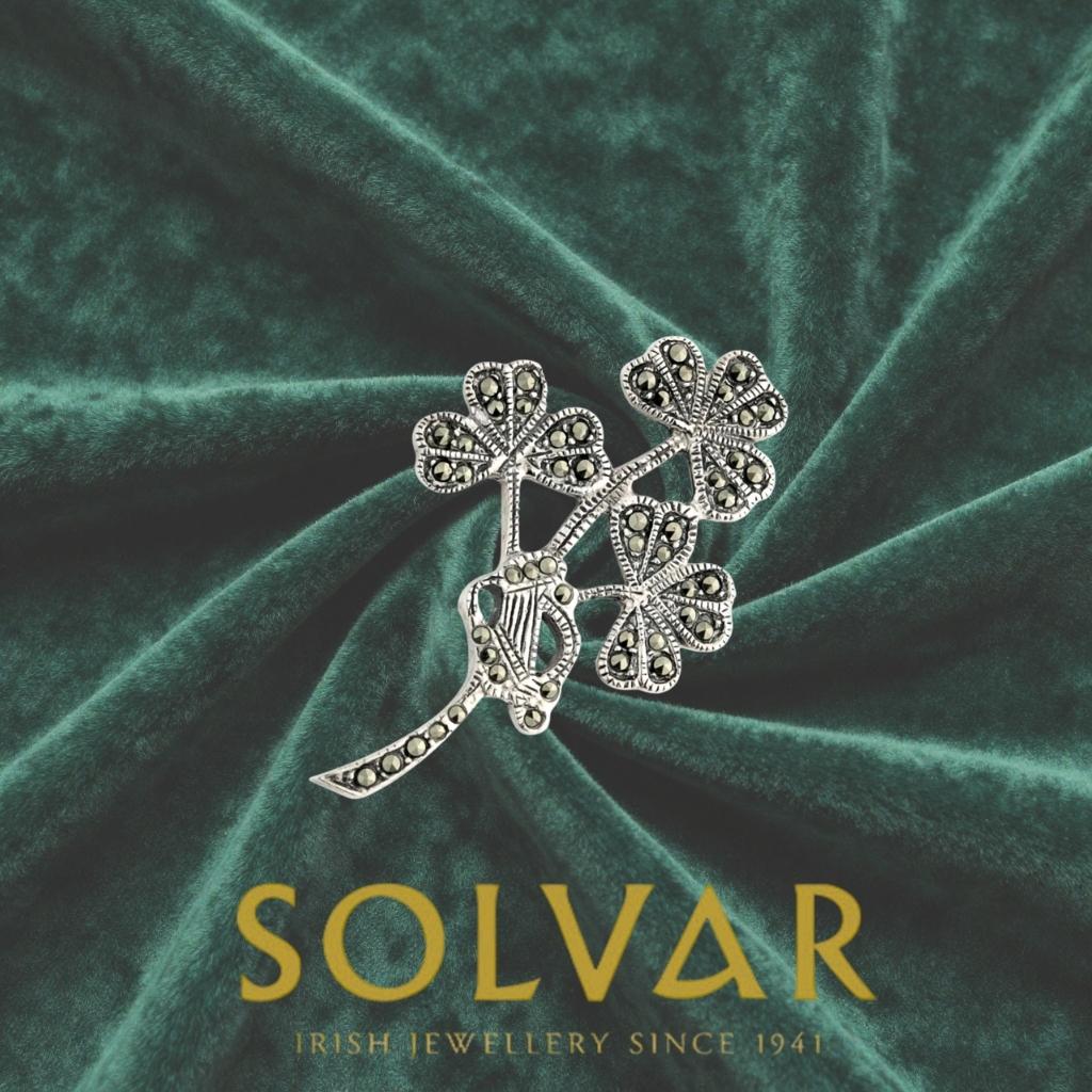 Sterling Silver and Marcasite Shamrock and Harp Brooch