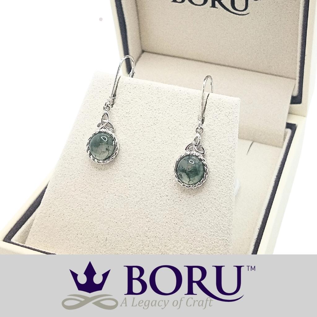 Sterling Silver and Moss Agate Trinity Knot Drop Earrings