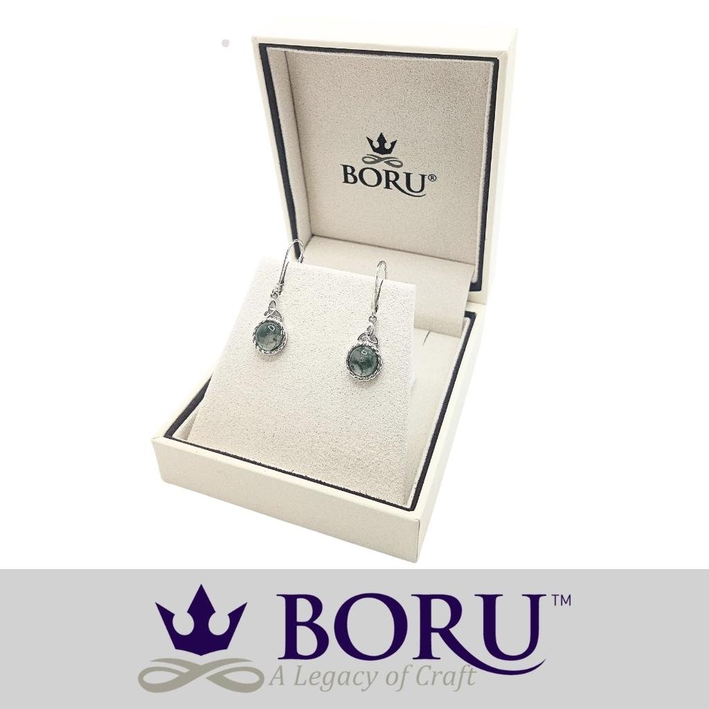 Sterling Silver and Moss Agate Trinity Knot Drop Earrings