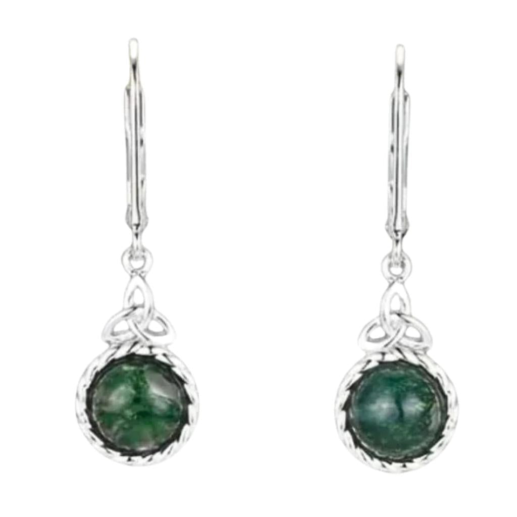 Sterling Silver and Moss Agate Trinity Knot Drop Earrings
