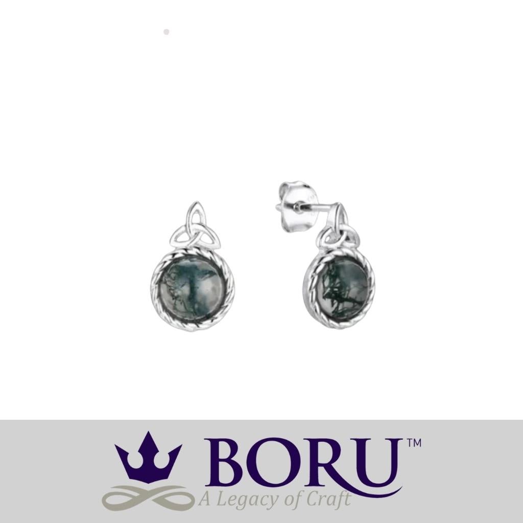 Sterling Silver and Moss Agate Trinity Knot Stud Earrings