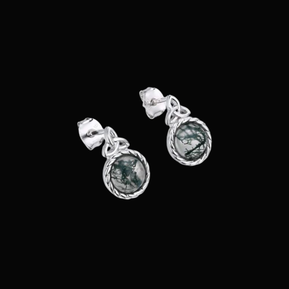 Sterling Silver and Moss Agate Trinity Knot Stud Earrings