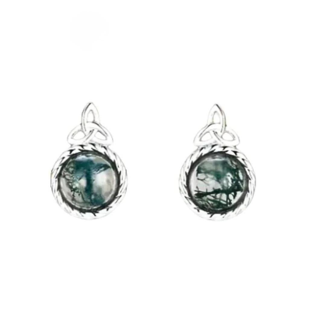 Sterling Silver and Moss Agate Trinity Knot Stud Earrings