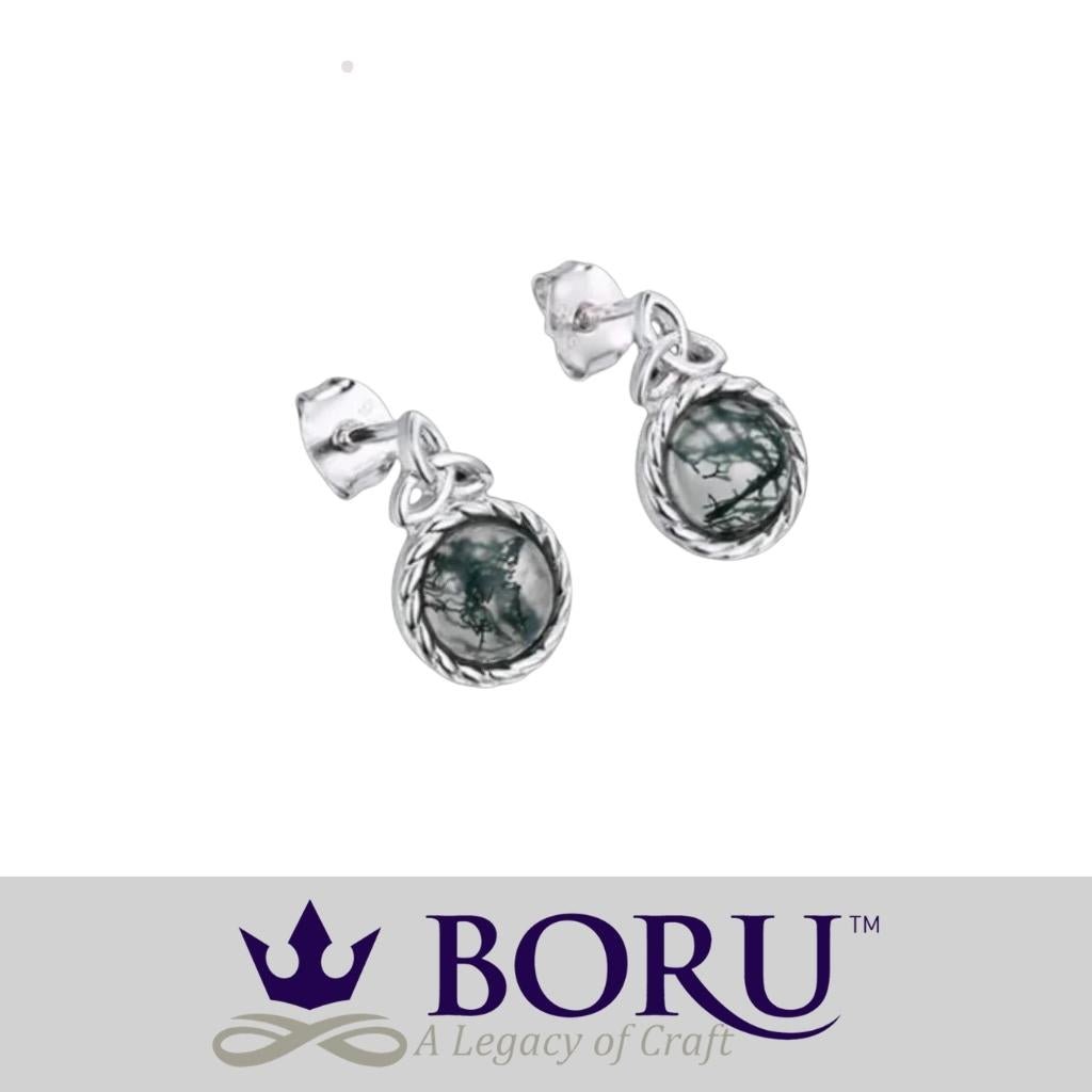 Sterling Silver and Moss Agate Trinity Knot Stud Earrings