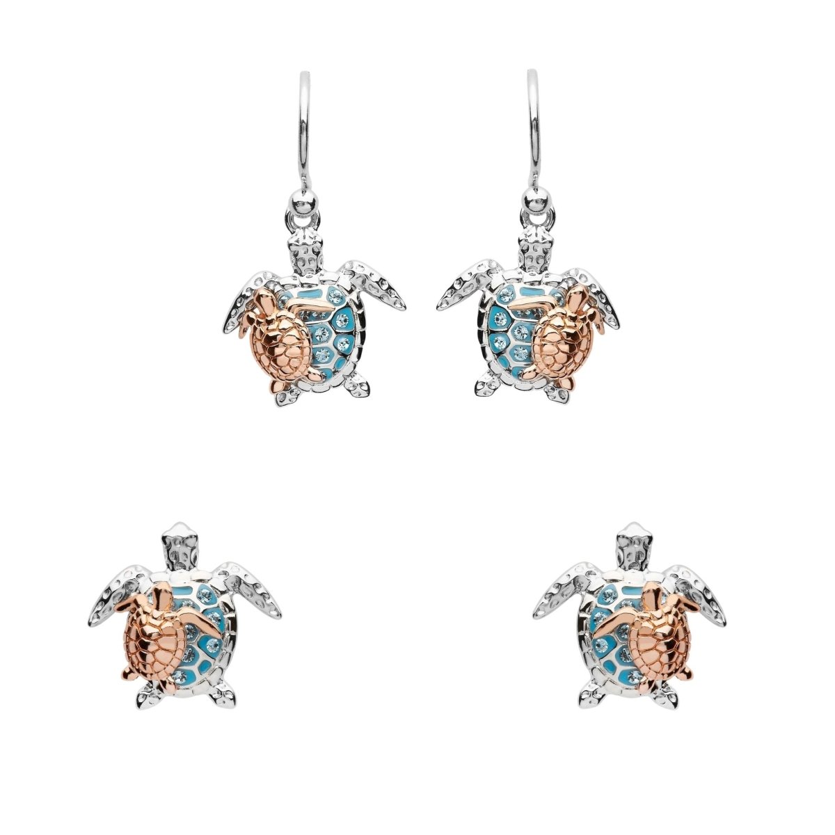 Sterling Silver and Rose Gold Mother & Baby Turtle Drop Earrings - The Celtic Gift Store - Jewelry