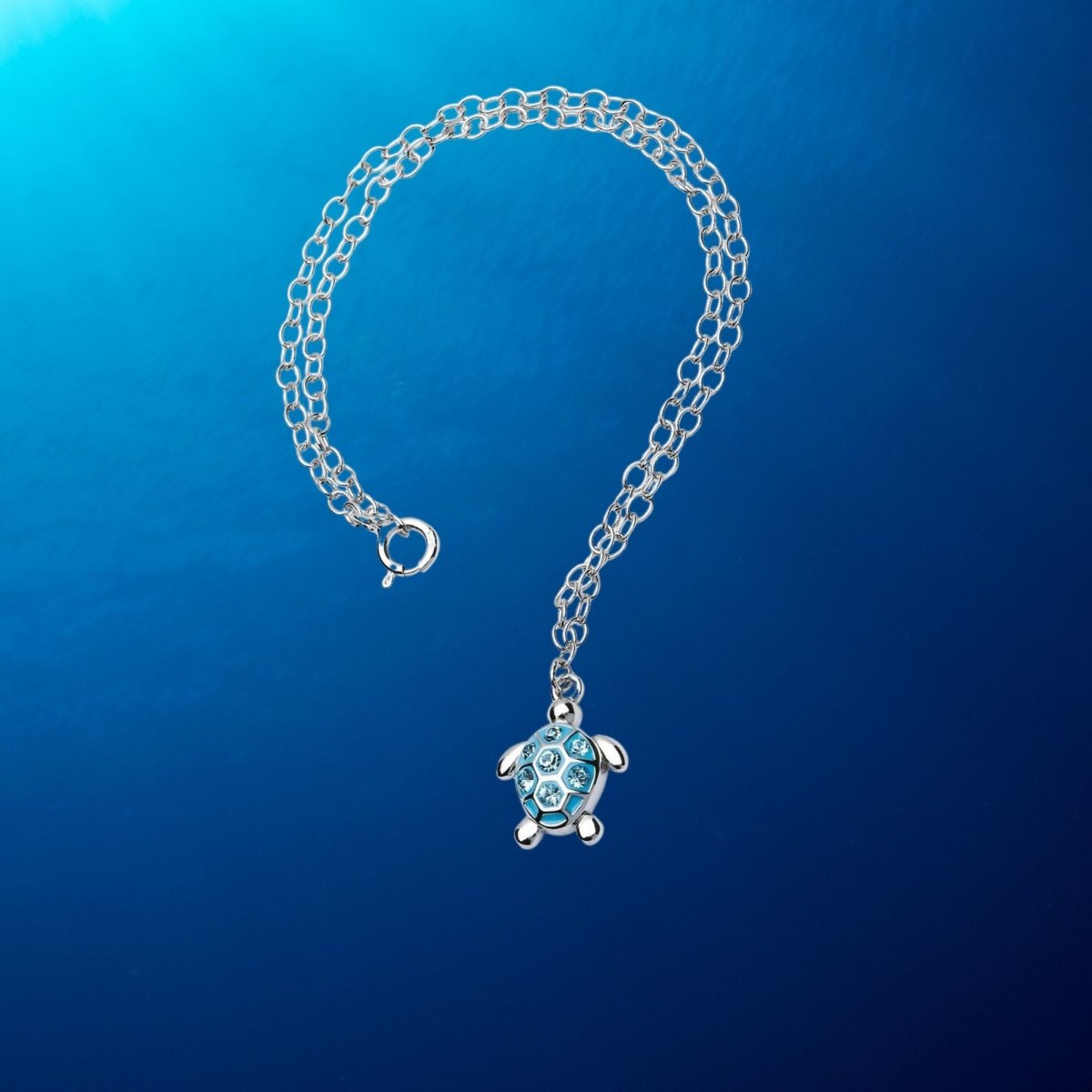 Sterling Silver Blue Turtle Anklet with Aqua Crystals - The Celtic Gift Store - Jewelry