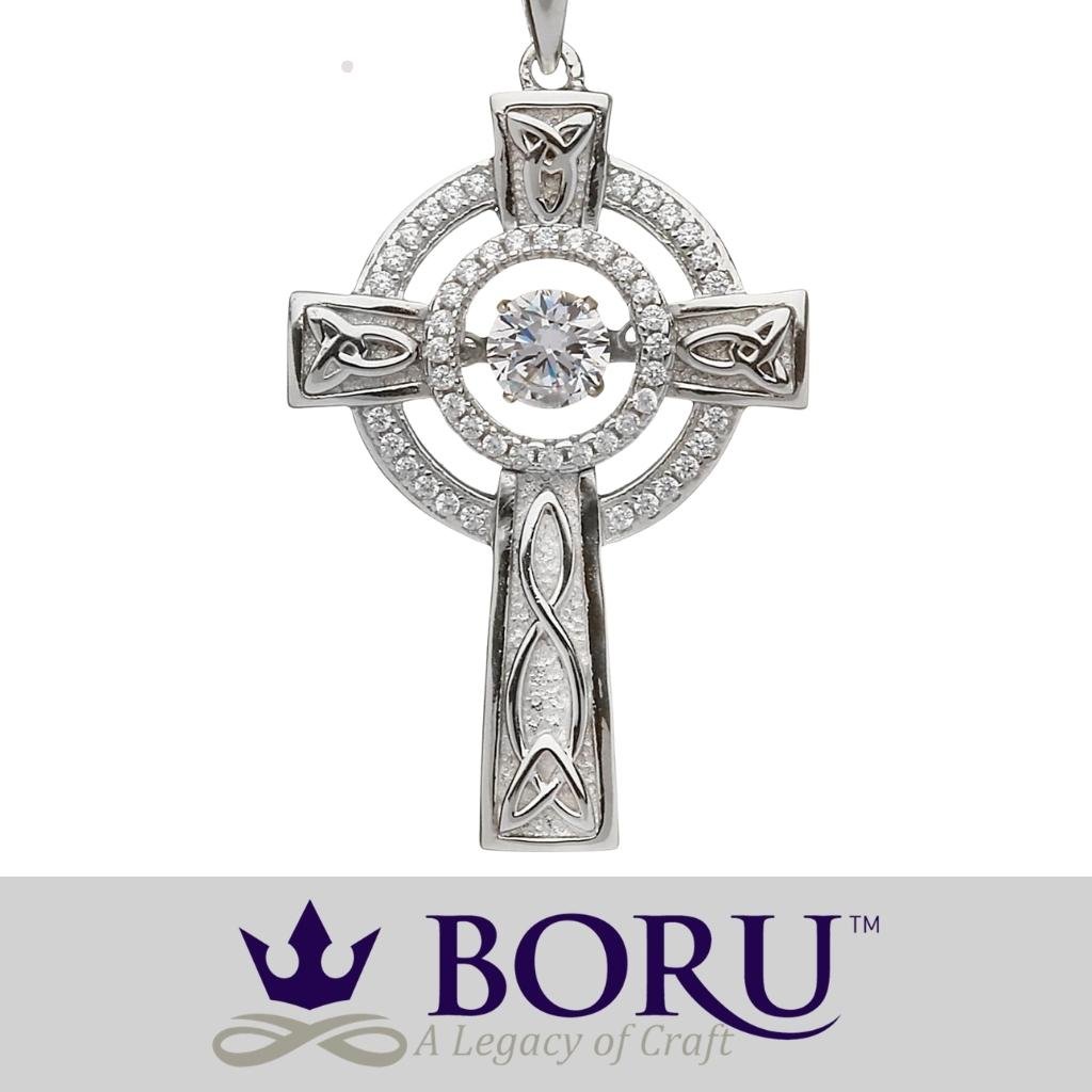 Sterling Silver Celtic Cross with Dancing Stone Centre