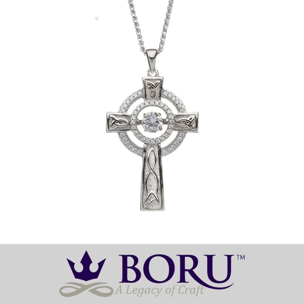 Sterling Silver Celtic Cross with Dancing Stone Centre