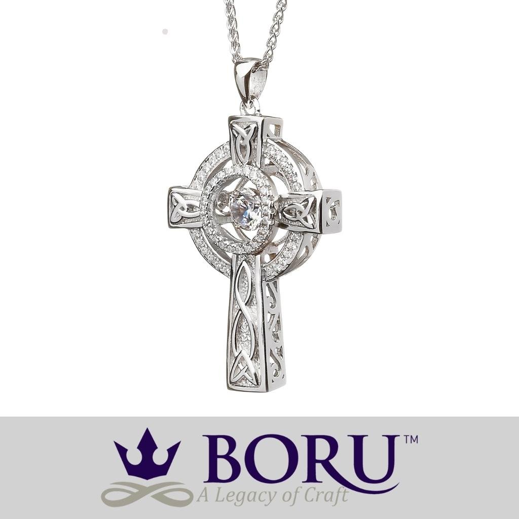 Sterling Silver Celtic Cross with Dancing Stone Centre
