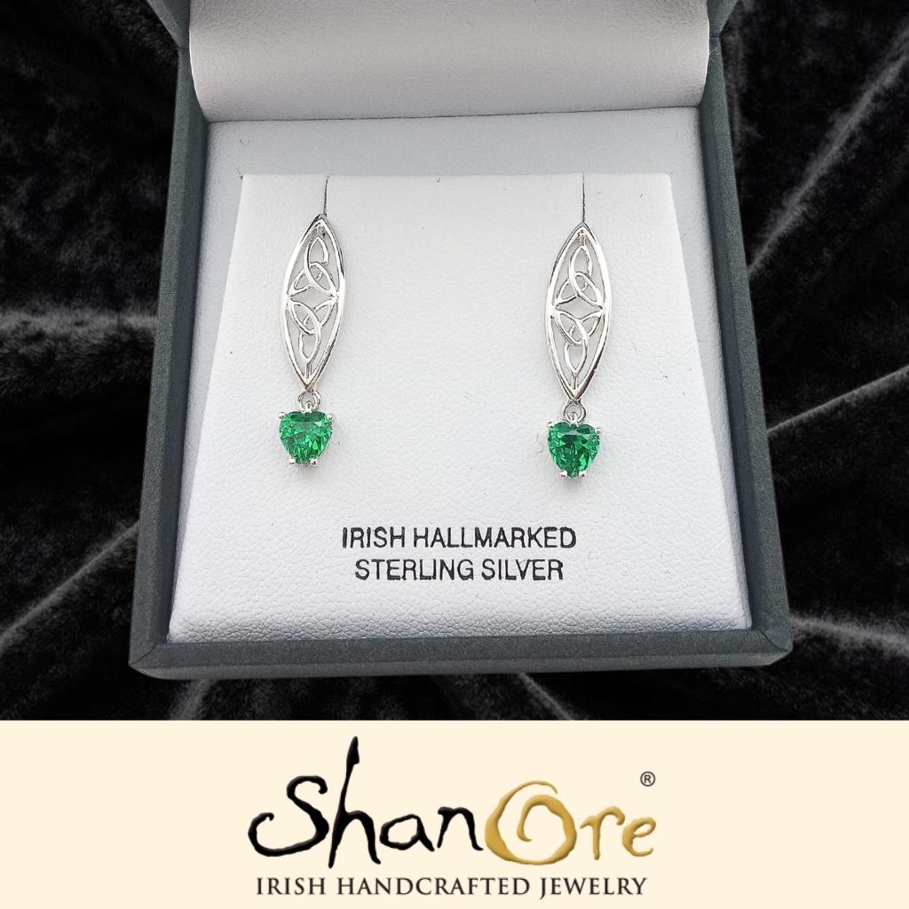 Sterling Silver Celtic Trinity Knot Green Heart Earrings
