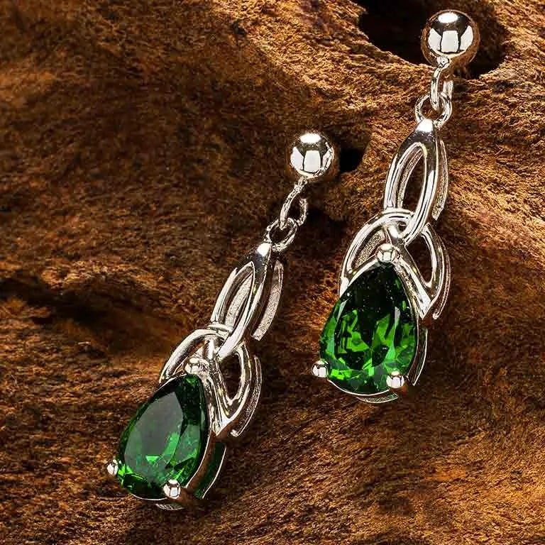 Sterling Silver Celtic Trinity Knot Green Pear Earrings - The Celtic Gift Store - Earrings