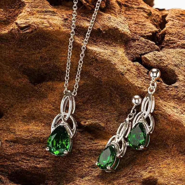 Sterling Silver Celtic Trinity Knot Green Pear Earrings - The Celtic Gift Store - Earrings