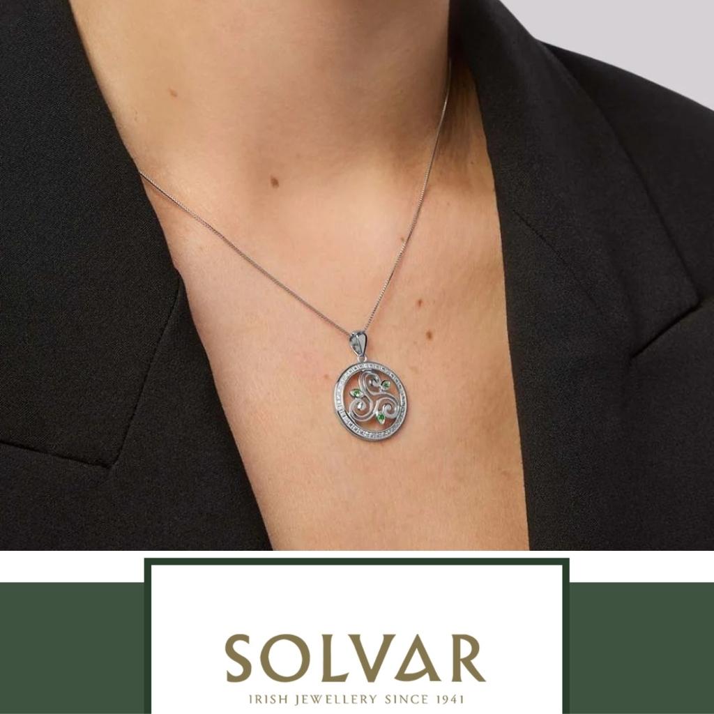 Sterling Silver Celtic Triple Spiral Necklace With Green Crystals
