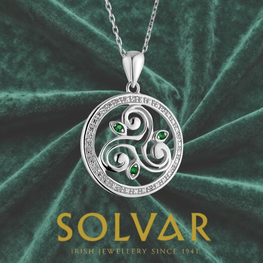 Sterling Silver Celtic Triple Spiral Necklace With Green Crystals