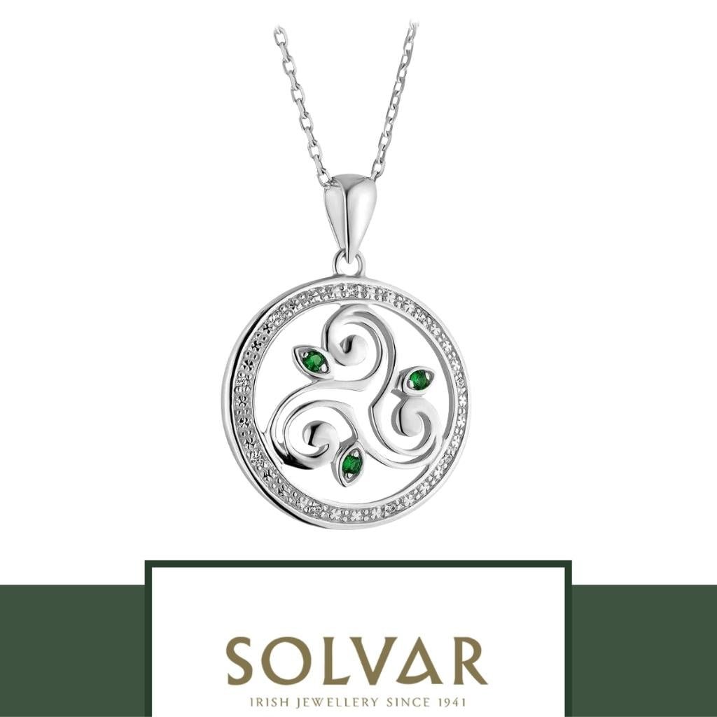 Sterling Silver Celtic Triple Spiral Necklace With Green Crystals