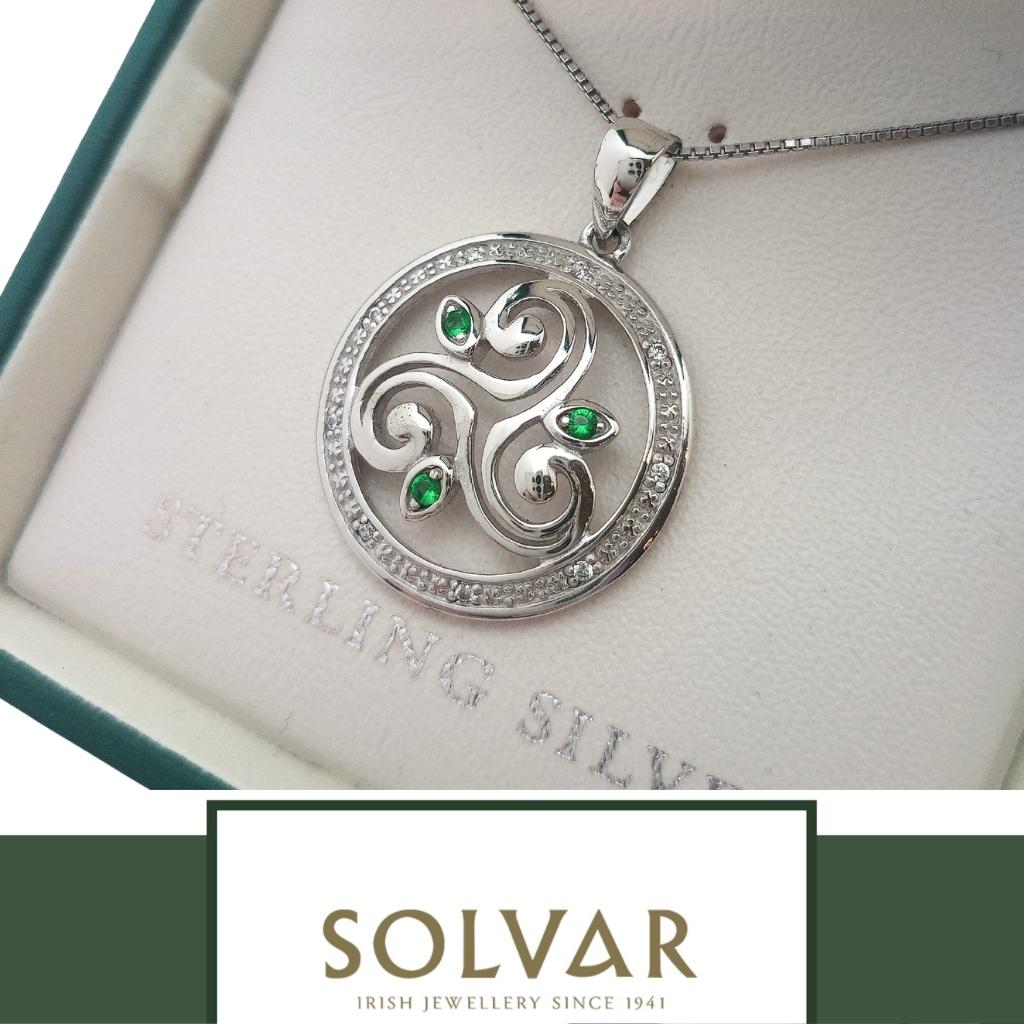 Sterling Silver Celtic Triple Spiral Necklace With Green Crystals