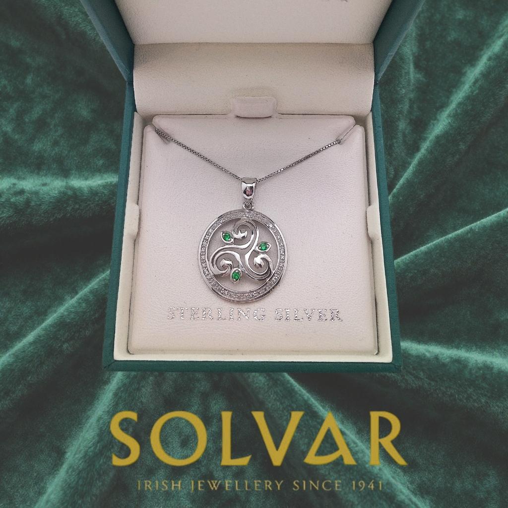 Sterling Silver Celtic Triple Spiral Necklace With Green Crystals