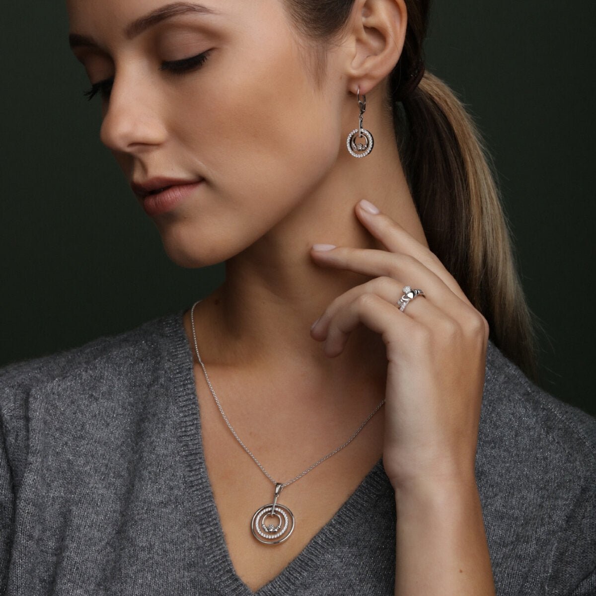 Sterling Silver Claddagh and CZ Circle Necklace - The Celtic Gift Store - Necklaces