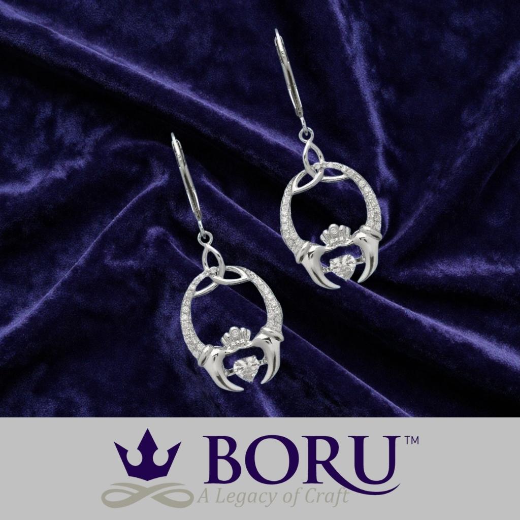 Sterling Silver Claddagh and Trinity Knot Dancing Stone Earrings