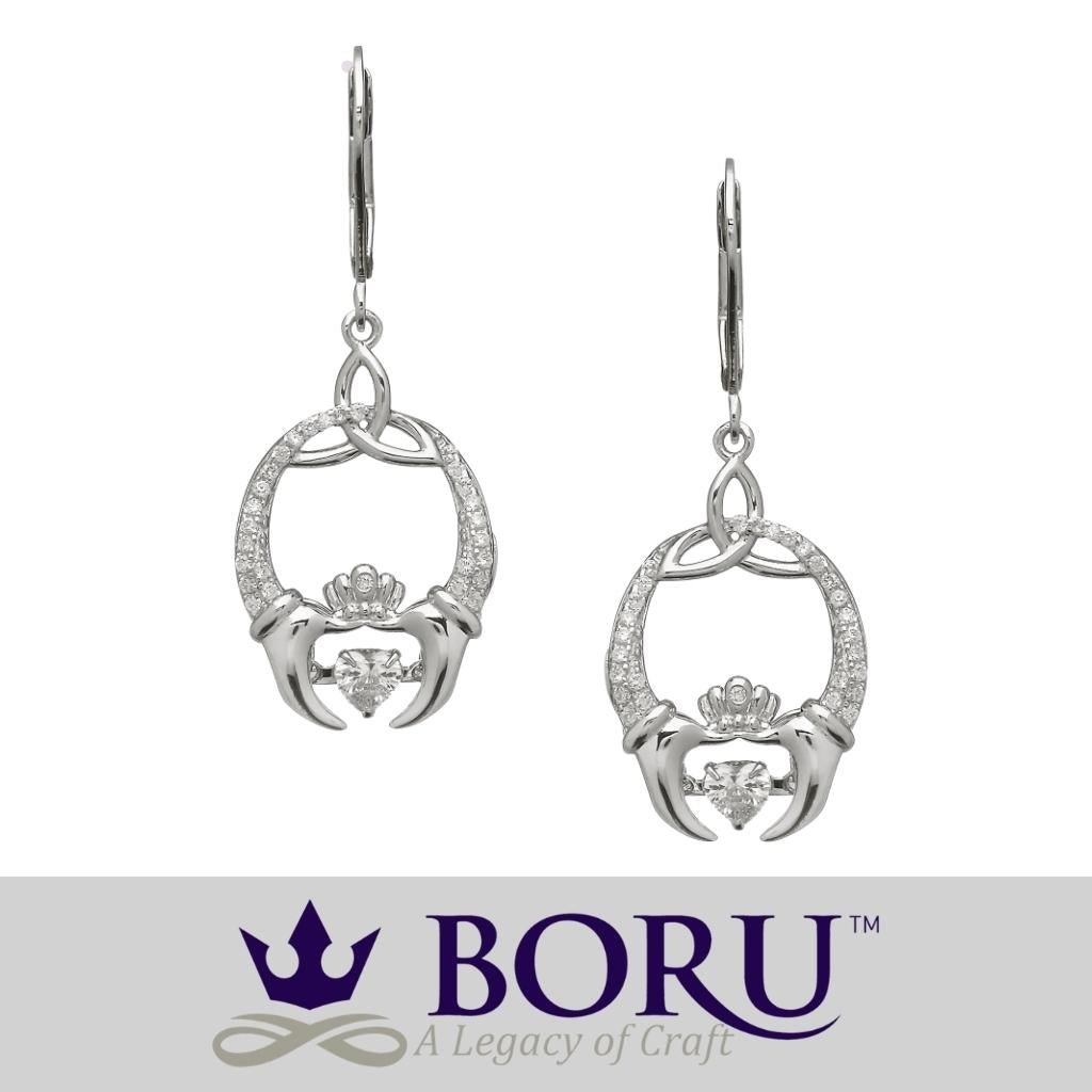 Sterling Silver Claddagh and Trinity Knot Dancing Stone Earrings