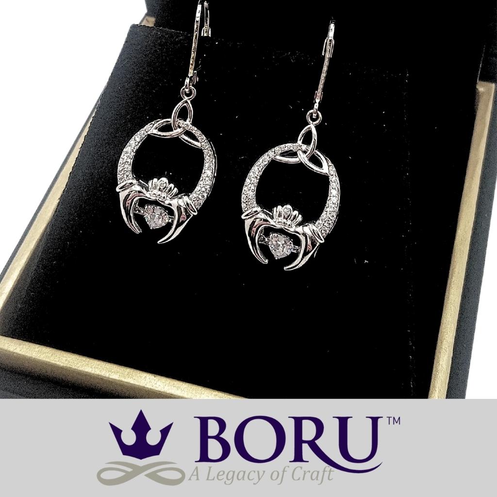 Sterling Silver Claddagh and Trinity Knot Dancing Stone Earrings