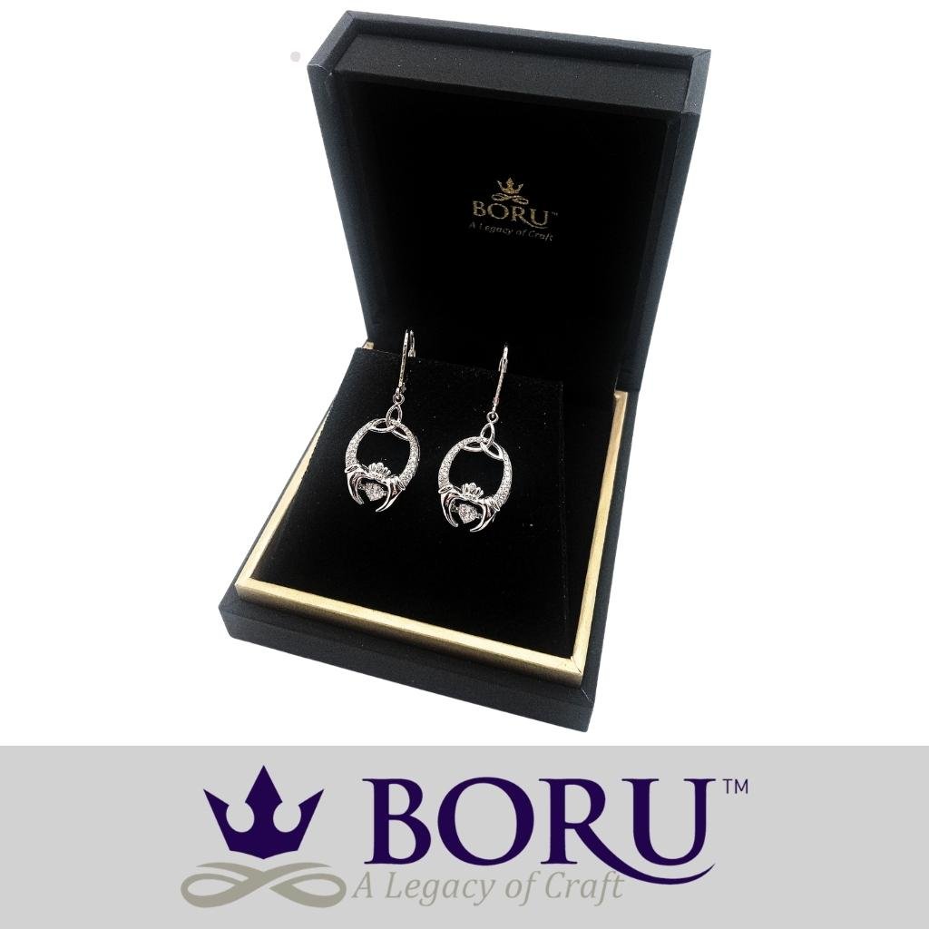Sterling Silver Claddagh and Trinity Knot Dancing Stone Earrings