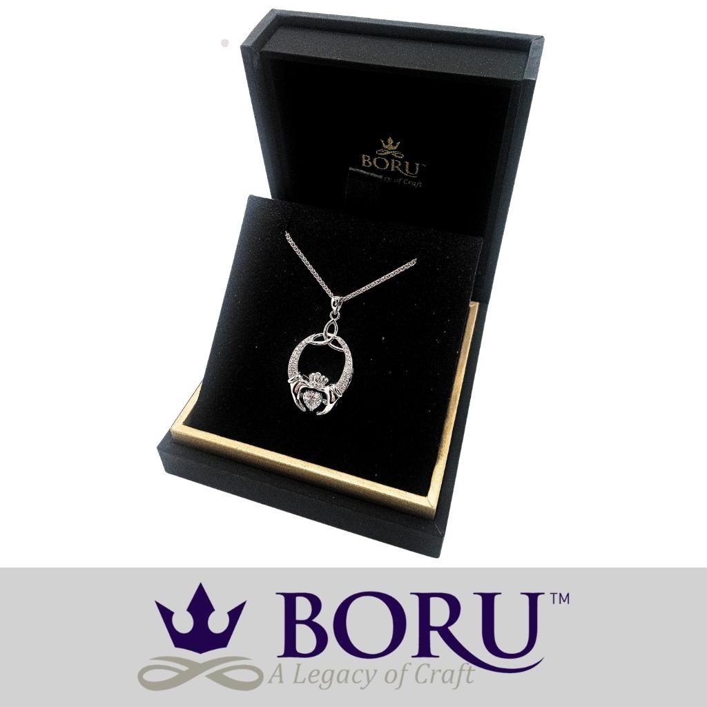 Sterling Silver Claddagh and Trinity Knot Dancing Stone Necklace