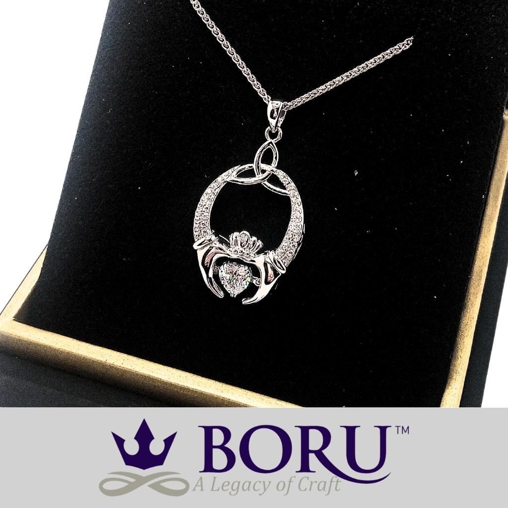 Sterling Silver Claddagh and Trinity Knot Dancing Stone Necklace